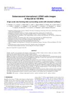 Subarcsecond international LOFAR radio images of Arp 220 at 150 MHz. A kpc-scale star forming disk surrounding nuclei with shocked outflows