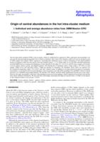 Origin of central abundances in the hot intra-cluster medium. I. Individual and average abundance ratios from XMM-Newton EPIC