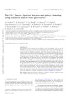 The PAU Survey: spectral features and galaxy clustering using simulated narrow-band photometry