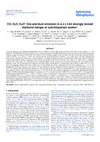 CO, H_2O, H_2O^+ line and dust emission in a z = 3.63 strongly lensed starburst merger at sub-kiloparsec scales