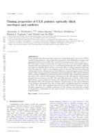 Timing properties of ULX pulsars: optically thick envelopes and outflows