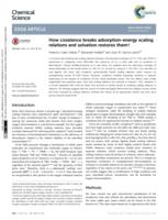 How covalence breaks adsorption-energy scaling relations and solvation restores them