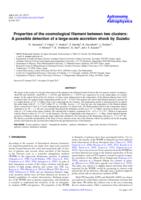 Properties of the cosmological filament between two clusters: A possible detection of a large-scale accretion shock by Suzaku