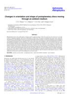 Changes in orientation and shape of protoplanetary discs moving through an ambient medium