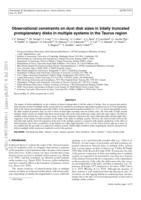 Observational constraints on dust disk sizes in tidally truncated protoplanetary disks in multiple systems in the Taurus region