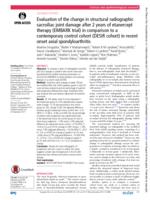 Evaluation of the change in structural radiographic sacroiliac joint damage after 2 years of etanercept therapy (EMBARK trial) in comparison to a contemporary control cohort (DESIR cohort) in recent onset axial spondyloarthritis