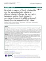 Do ethnicity, degree of family relationship, and the spondyloarthritis subtype in affected relatives influence the association between a positive family history for spondyloarthritis and HLA-B27 carriership? Results from the worldwide ASAS cohort