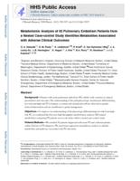 Metabolomic analysis of 92 pulmonary embolism patients from a nested case-control study identifies metabolites associated with adverse clinical outcomes