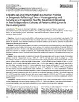 Endothelial and inflammation biomarker profiles at diagnosis reflecting clinical heterogeneity and serving as a prognostic tool for treatment response in two independent cohorts of patients with juvenile dermatomyositis