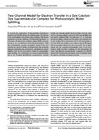 Two-channel model for electron transfer in a dye-catalyst-dye supramolecular complex for photocatalytic water splitting