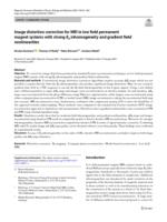 Image distortion correction for MRI in low field permanent magnet systems with strong B-0 inhomogeneity and gradient field nonlinearities