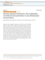 Activity-induced interactions and cooperation of artificial microswimmers in one-dimensional environments