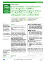 Role of vertebral corner inflammation and fat deposition on MRI on syndesmophyte development detected on whole spine low-dose CT scan in radiographic axial spondyloarthritis