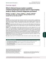 Which inflamed tissues explain a positive metatarsophalangeal squeeze test?