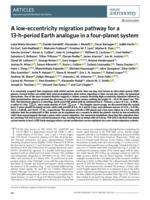 A low-eccentricity migration pathway for a 13-h-period Earth analogue in a four-planet system