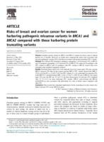 Risks of breast and ovarian cancer for women harboring pathogenic missense variants in BRCA1 and BRCA2 compared with those harboring protein truncating variants
