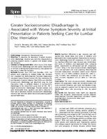 Greater socioeconomic disadvantage is associated with worse symptom severity at initial presentation in patients seeking care for lumbar disc herniation