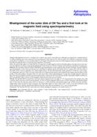 Misalignment of the outer disk of DK Tau and a first look at its magnetic field using spectropolarimetry
