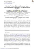 Effect of stellar flares and coronal mass ejections on the atmospheric escape from hot Jupiters